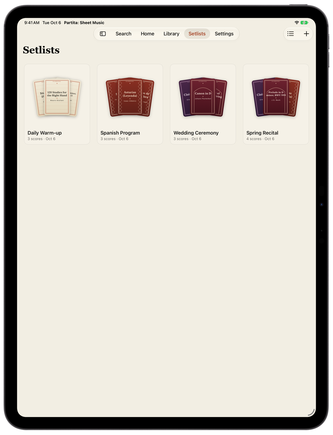The Setlists screen on iPad, showing several setlists with their cover stacks
