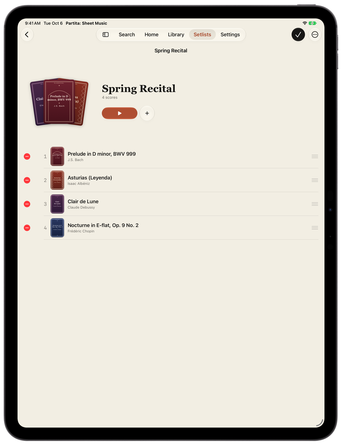 A setlist open on iPad in edit mode, with a handle to drag each score