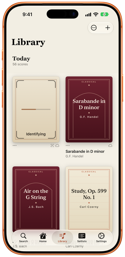 A newly added score on iPhone while Partita identifies its work and composer