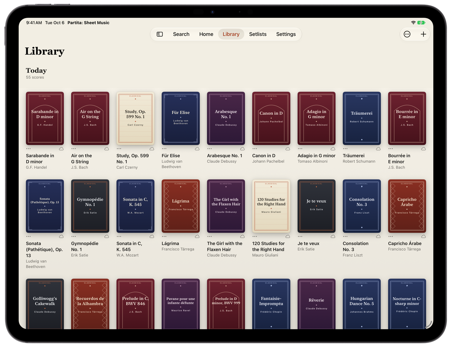 A library of 55 scores on iPad. Each score has a title and Poster Art.