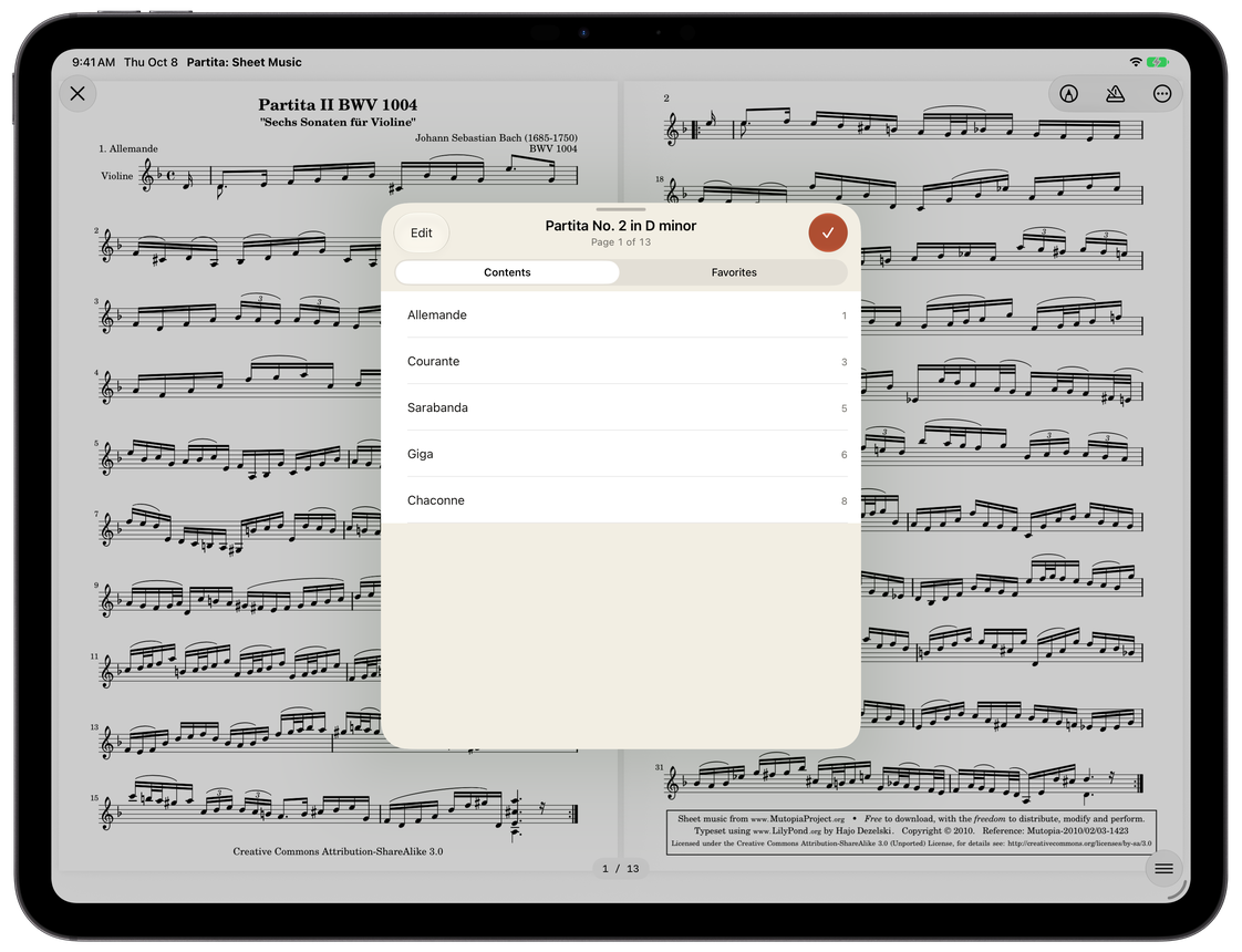 The Contents list of a score in the Partita reader on iPad, with five movements and their page numbers