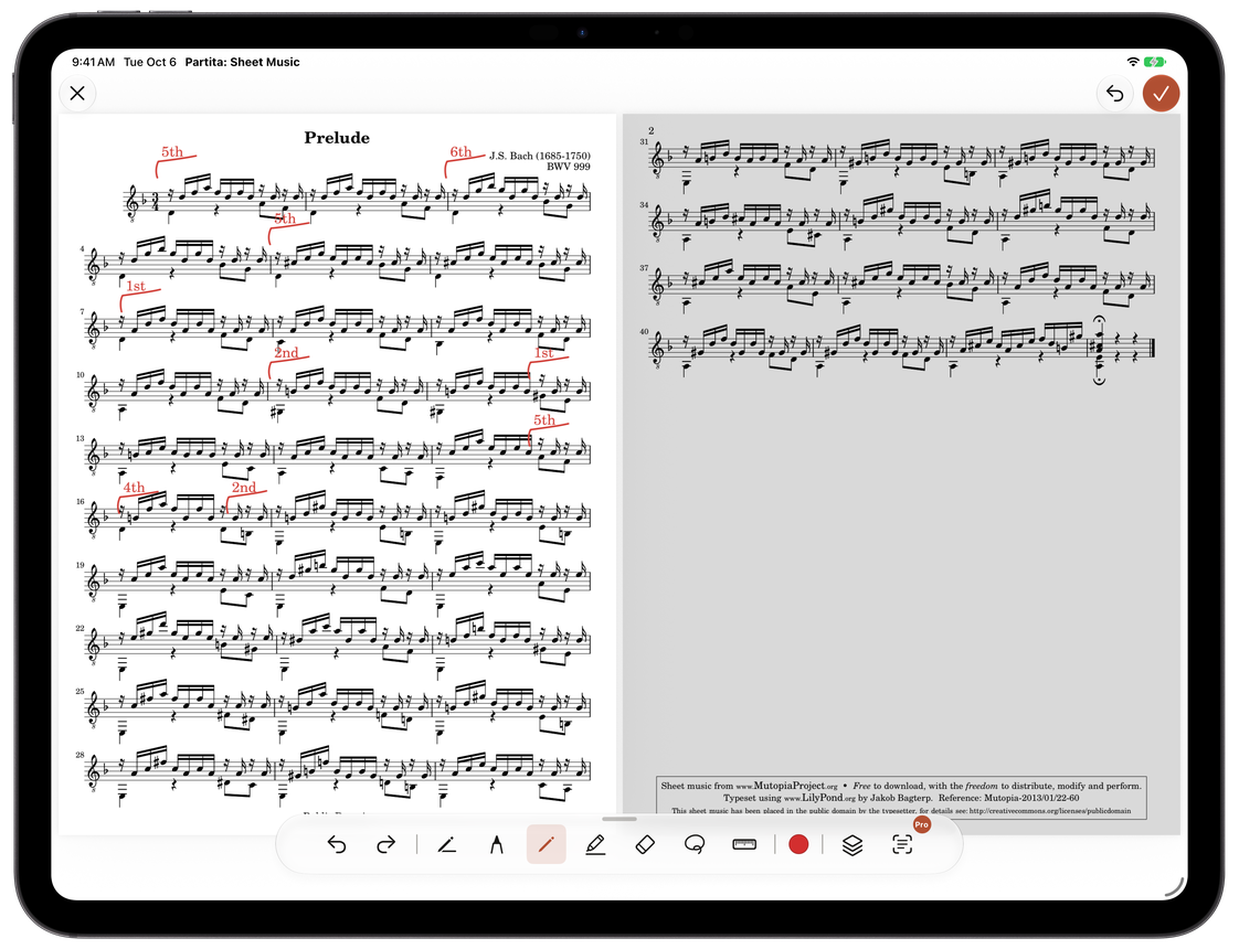 The annotation palette on an iPad score. The Pencil tool is selected in red.