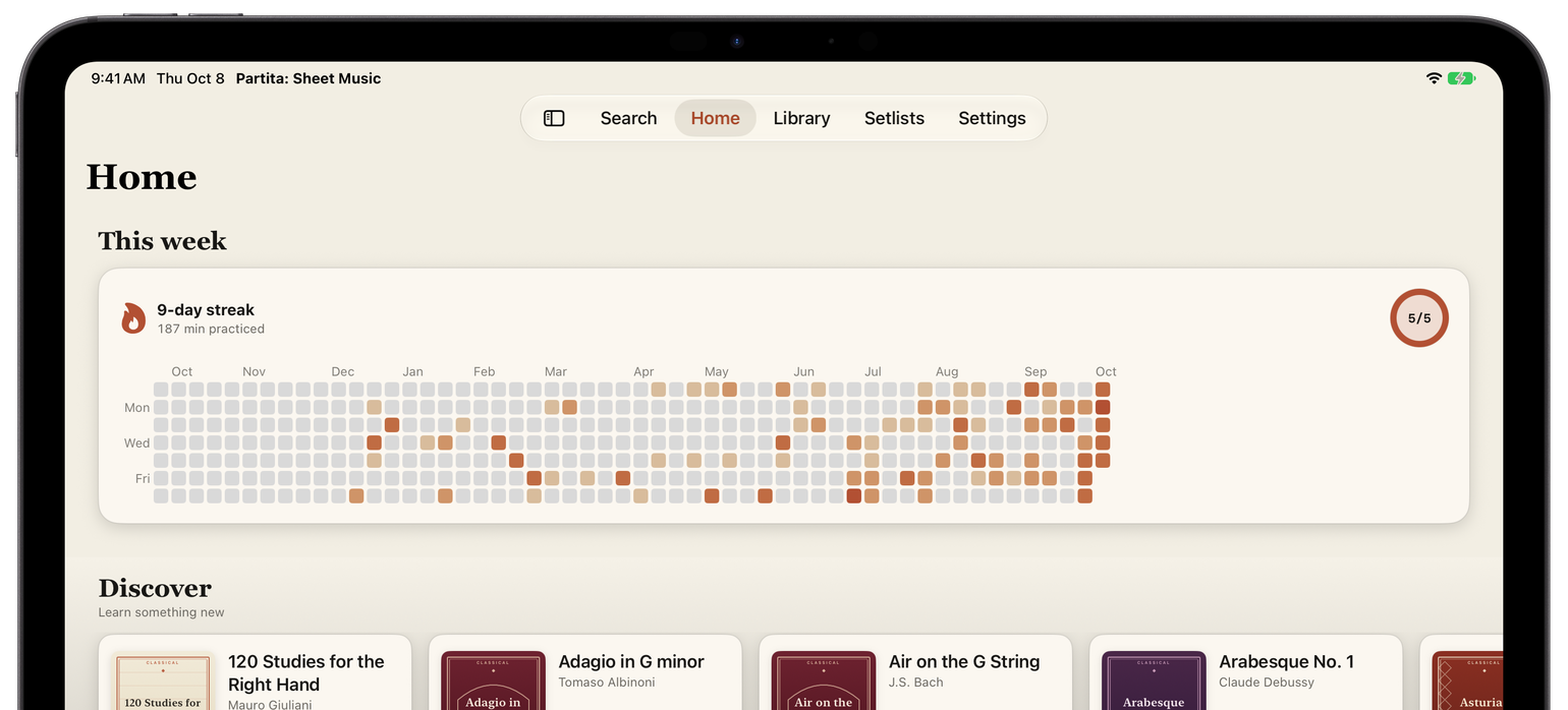 Partita Home on iPad: a practice streak, minutes, a weekly goal, and a year of practice as a heat map